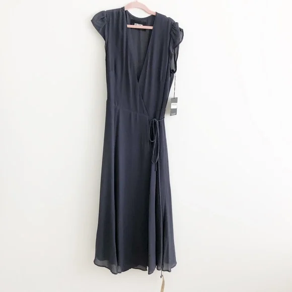 reformation • mollie blue indigo gray cap sleeve tie wrap midi fit flare dress - Picture 4 of 8